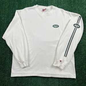 VTG Champion T-Shirt Men's Large White New York Jets Long Sleeve Cotton NFL 90s